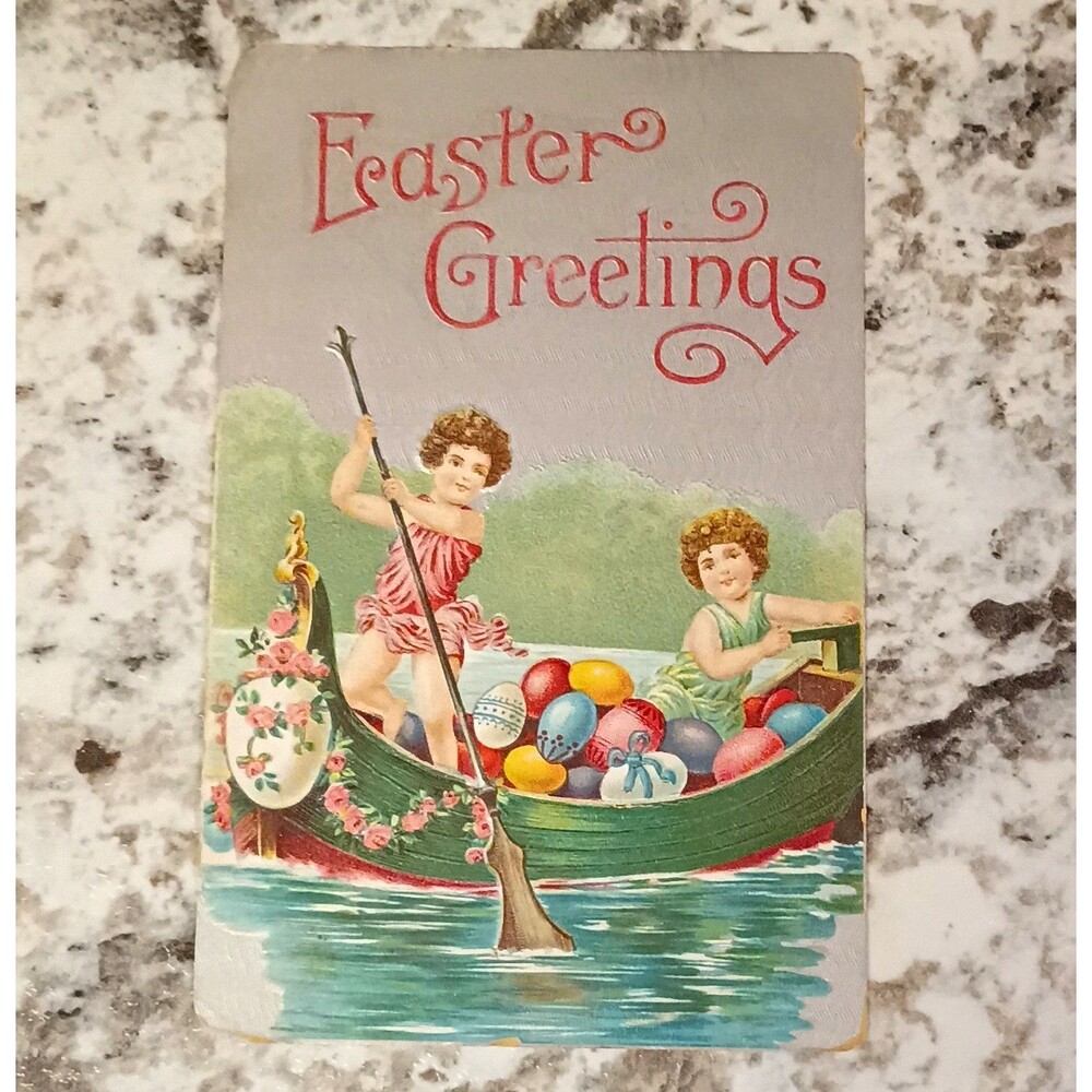 Vintage 1912 Easter Greetings Children Boat Postcard Posted Embossed